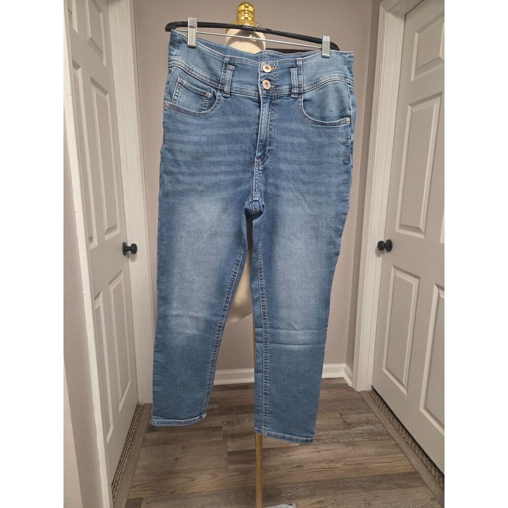 NOBO Double Button Corset Waist Skinny Jeans Medium Wash Blue Ankle Slim